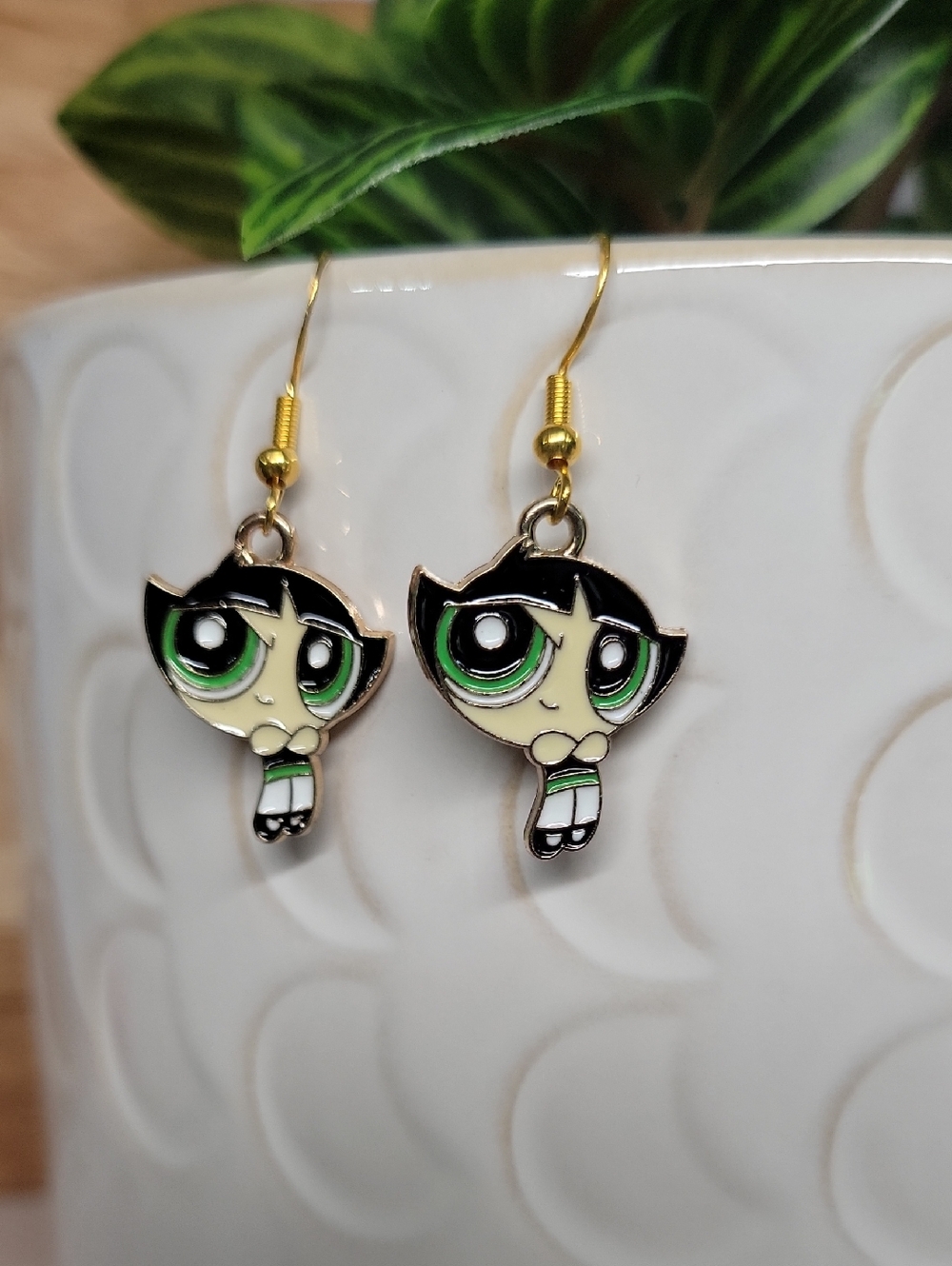 POWERPUFF GIRLS Green Blossom Cat Earrings - Cute Cartoon Cat Dangle Earrings